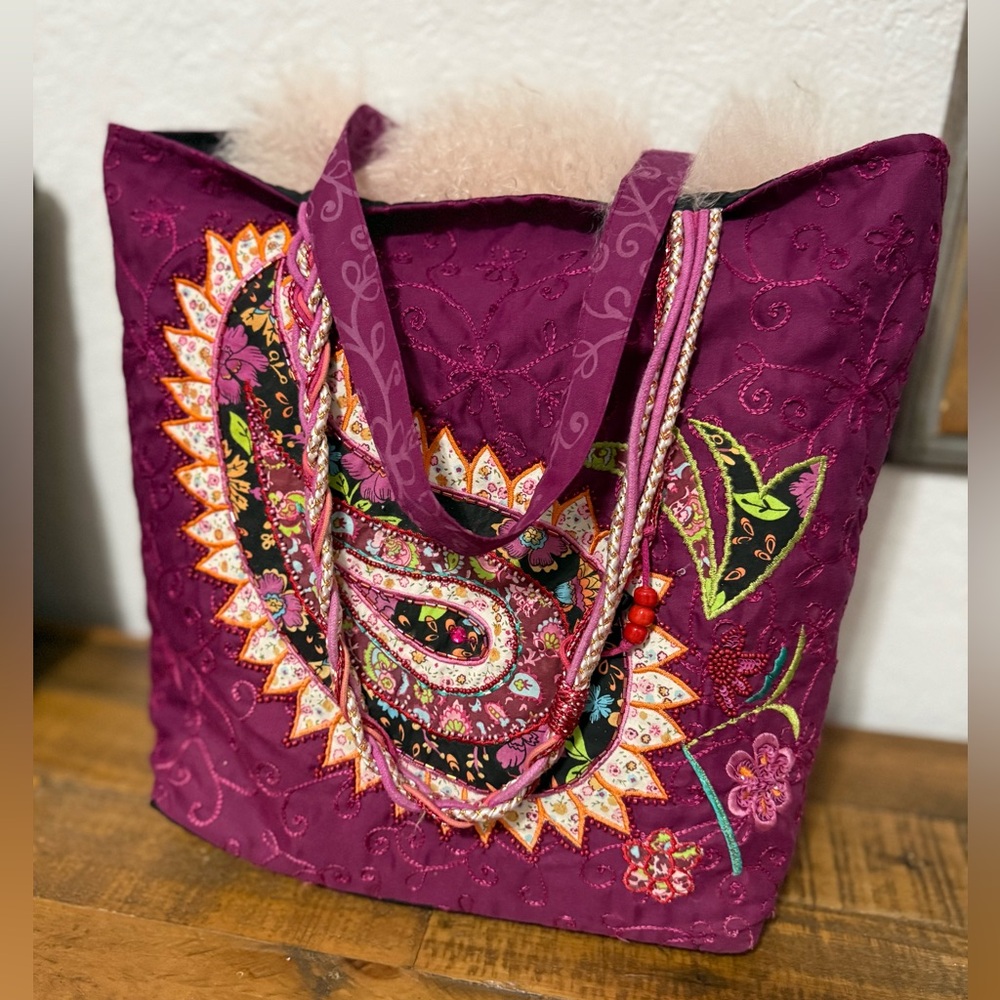 Purple Embroidered hand craft paisley Tote Bag so beautiful brand new No tag
